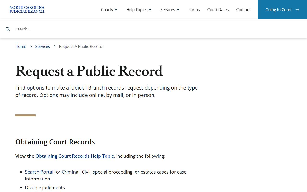 Randolph County court records public record request routing through NC Judicial Branch