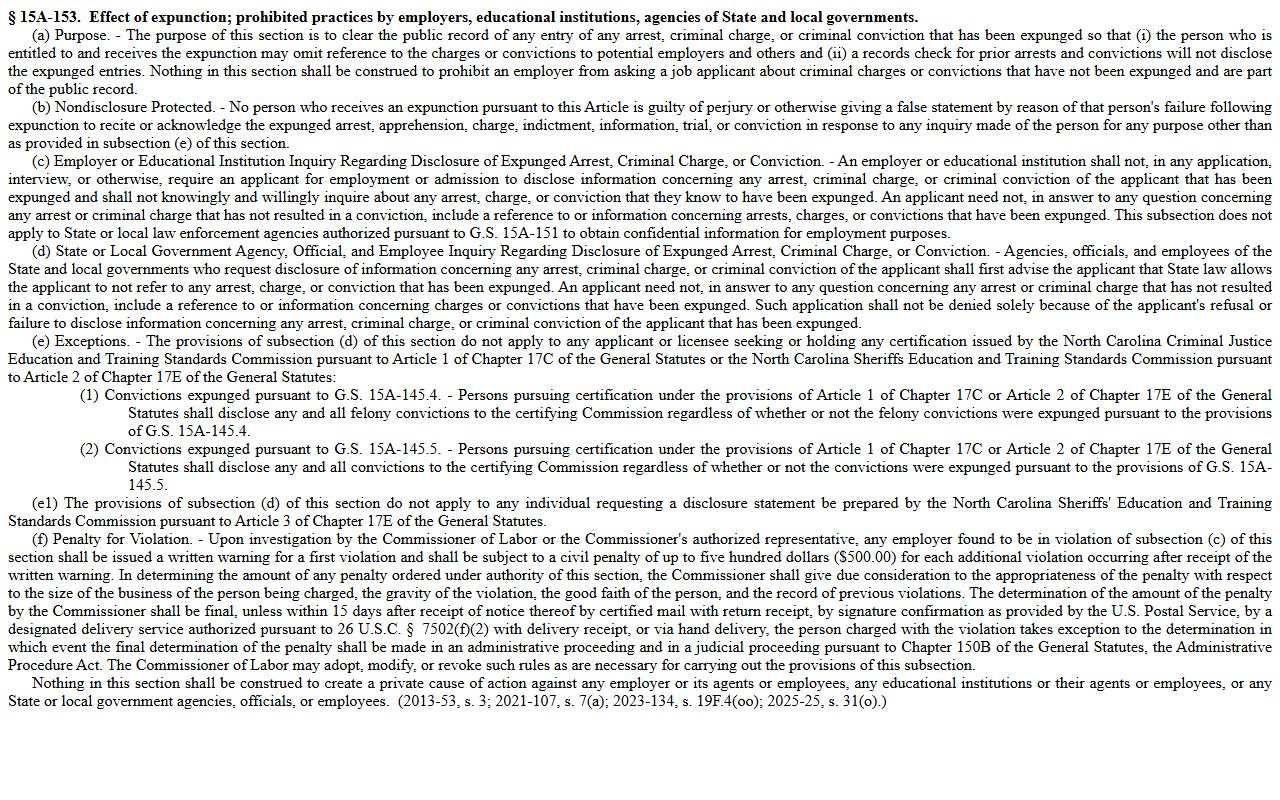 Randolph County criminal court records expunction effect under North Carolina law
