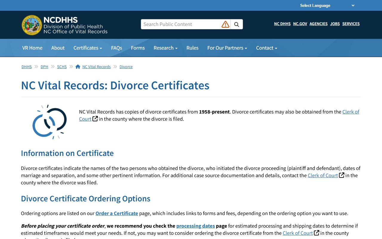 Randolph County divorce records NC Vital Records certificate source
