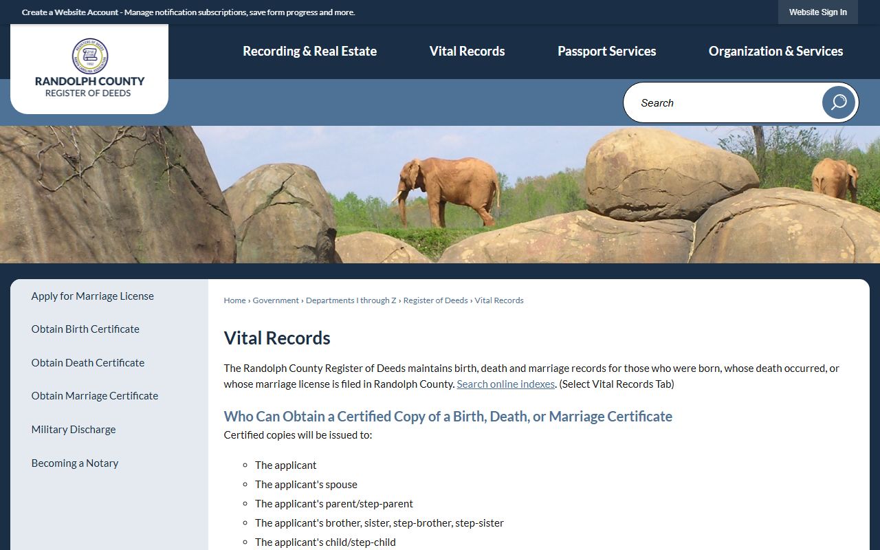 Randolph County marriage and divorce records vital records fee page
